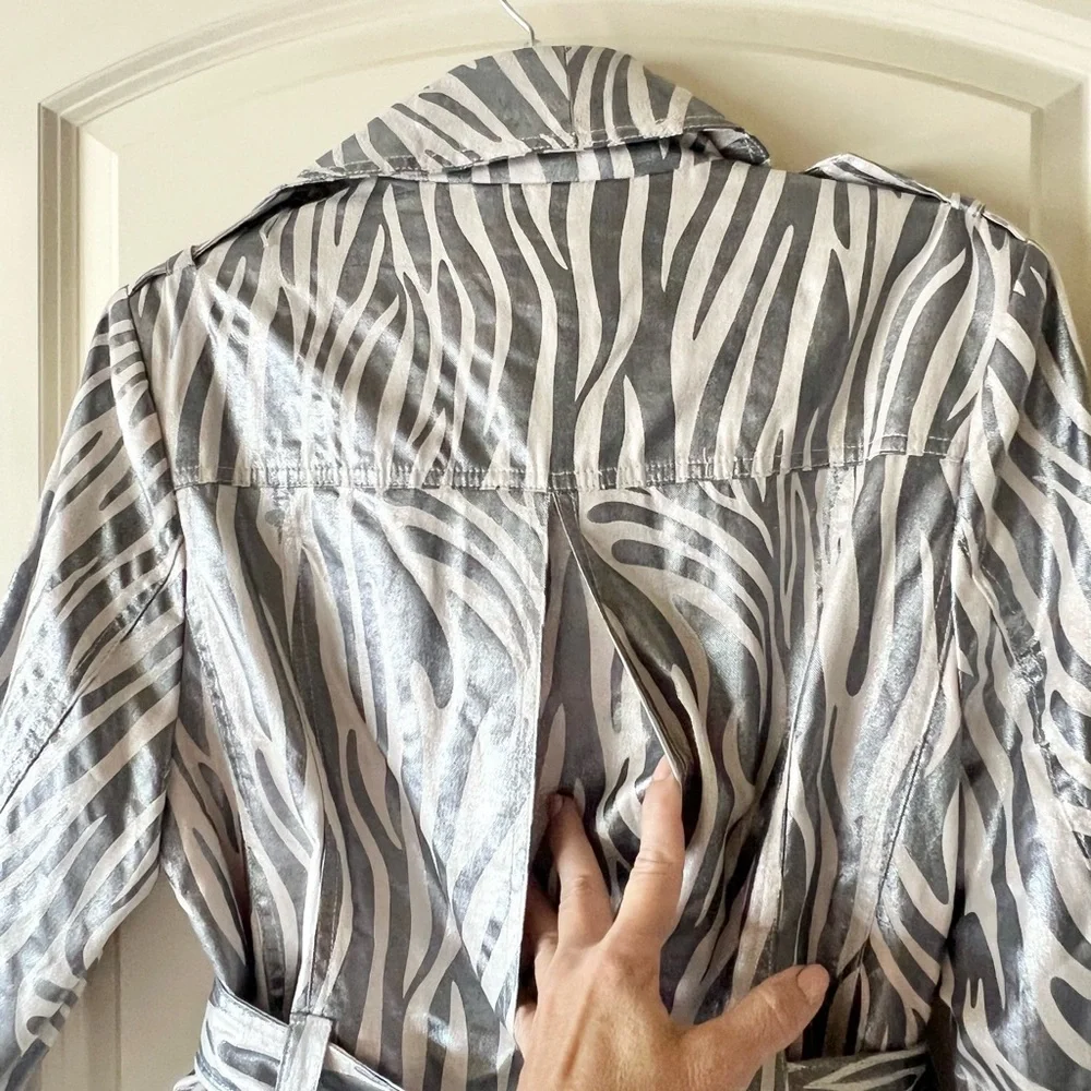 Lisa International Silver Metallic Zebra Print Double Breasted Belted Jacket M